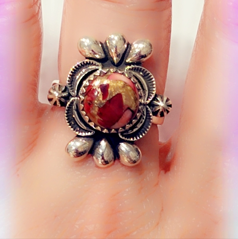 Red Rose Dahlia Sterling Gemstone Ring